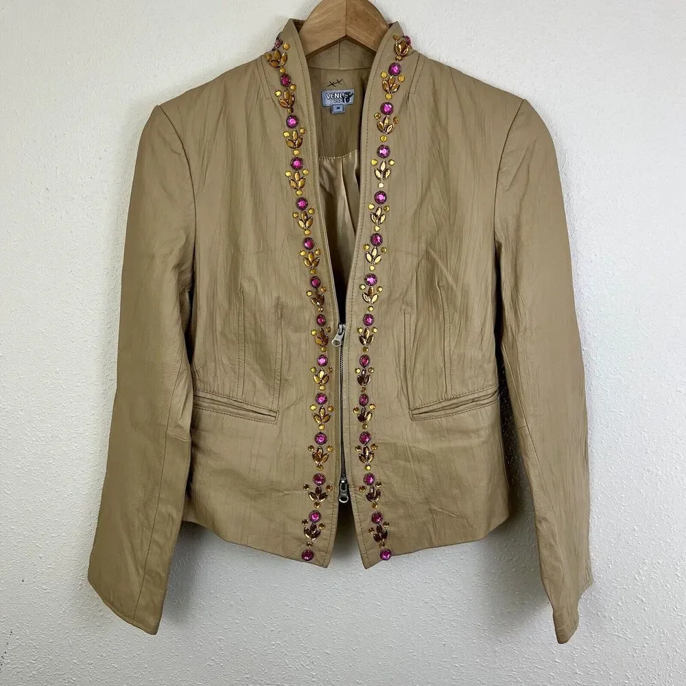 Venus Vintage Y2K Leather Jacket Womens M Beige Sequin Beaded Collarless Zip